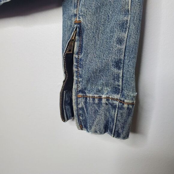 Guess L Jean Jacket Vintage Stretch Denim Light Blue Acid Wash Zip Up - Picture 8 of 16